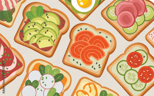 Various toast slices with fresh vegetables and meats on a table indoors closeup