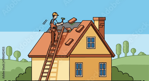 Builder repairing roof on rural house with hammer and ladder. Roofer working on home exterior maintenance