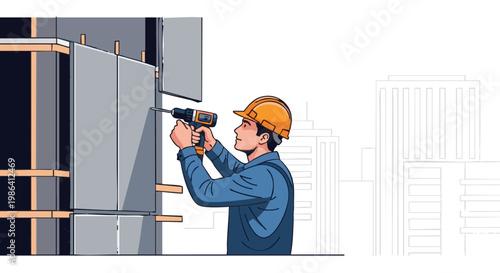 Builder in hard hat screwing facade panels on construction site with city background