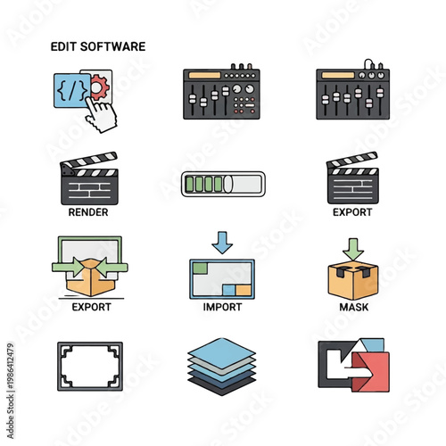Collection of video editing software icons and symbols.