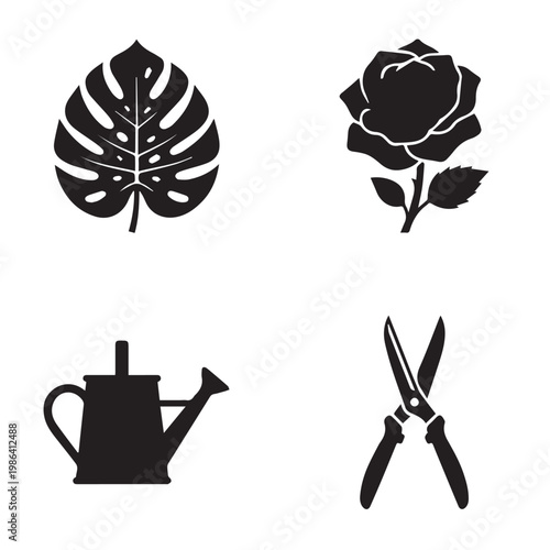Plants and Flowers Icon Set. a detailed Monstera leaf, a classic blooming rose, a watering can, and gardening shears.