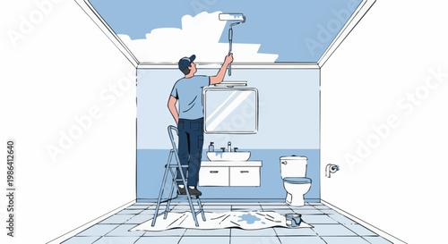 Man on ladder painting creative sky mural on bathroom ceiling