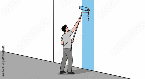 Man painting wall with blue paint using roller on extension pole illustration