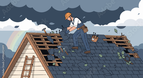 Roofer rebuilding damaged house roof after storm with rainbow in sky