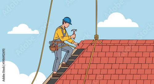 Roofer in safety harness repairing red tile roof with hammer