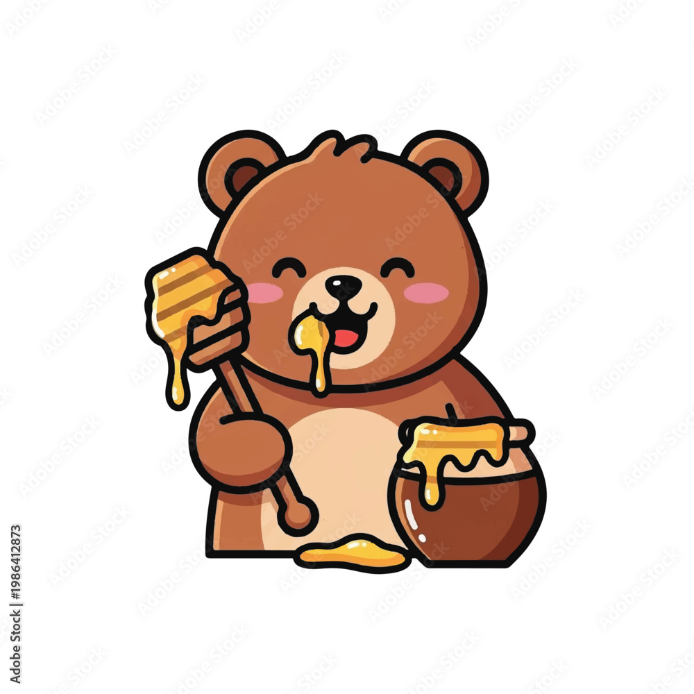 Naklejka premium Cute cartoon bear enjoying sweet honey from a pot.