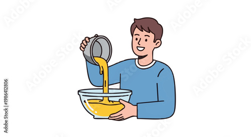 Smiling young man pouring yellow mixture into glass bowl for cooking