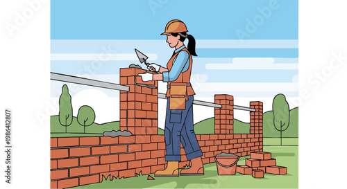 Woman bricklayer building brick wall outdoors. Female construction worker with trowel and hard hat working on fence