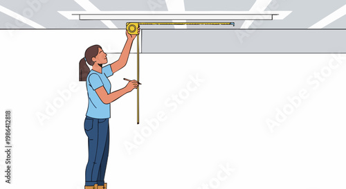 Woman measuring ceiling with tape measure during home renovation. Vector illustration of DIY construction project