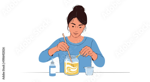 Woman mixing epoxy resin in glass jar for DIY craft project