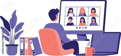 Man sitting at desk for video conference on computer screen