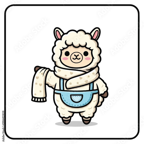 Cute Cartoon Alpaca Wearing a Scarf and Overalls.