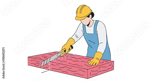 Construction worker cutting pink insulation panel with utility knife