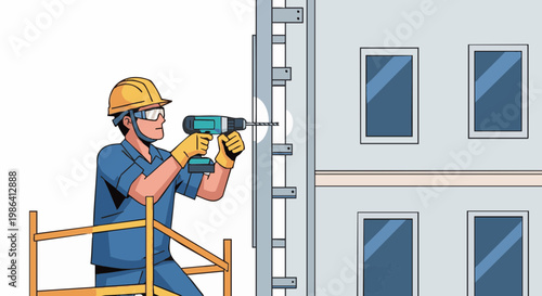 Industrial worker with power drill installing metal frame on building facade