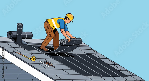 Roofer installing waterproof roofing material vector illustration