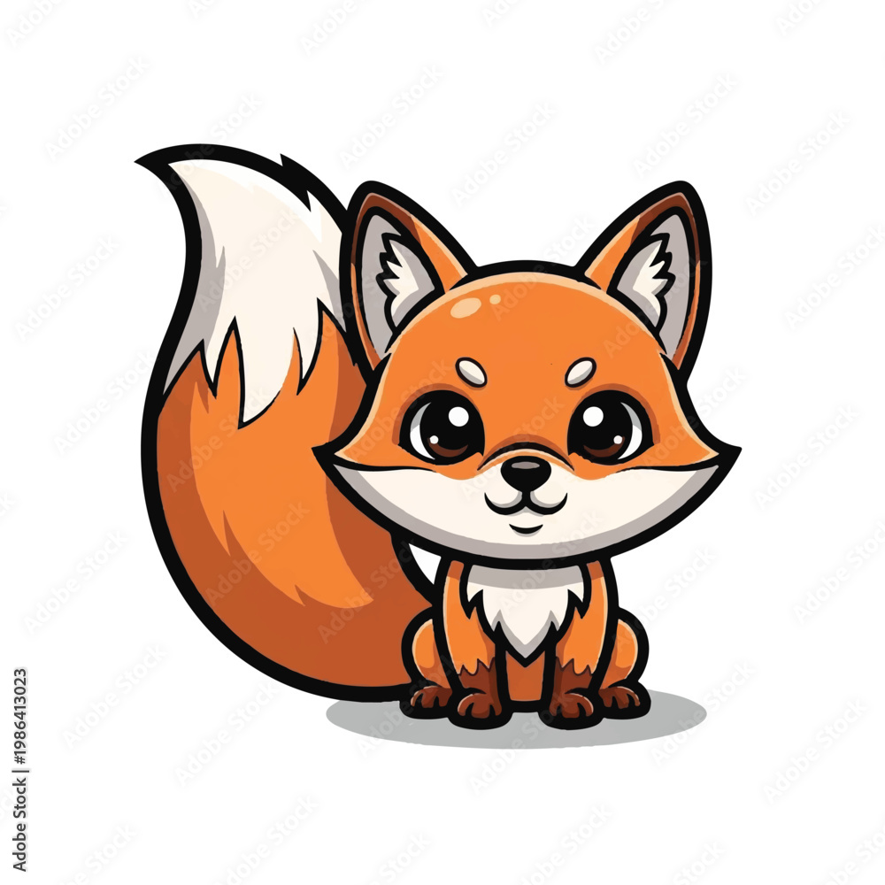 Fototapeta premium Cute cartoon fox with big eyes and bushy tail.