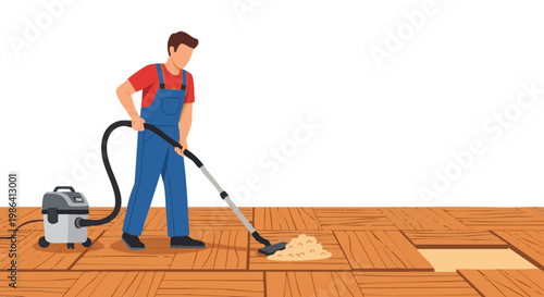 Worker in overalls vacuuming sawdust from parquet floor during renovation