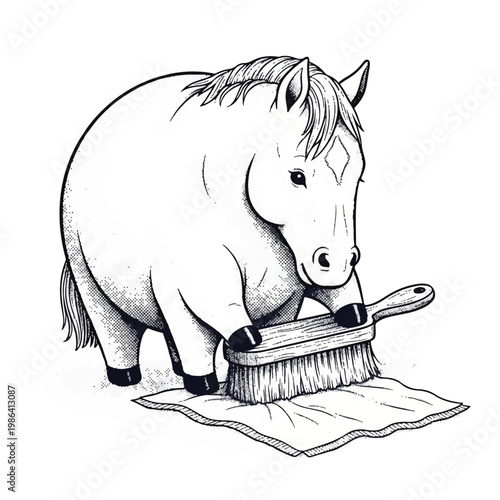 Cute cartoon horse brushing its mane with a large brush.