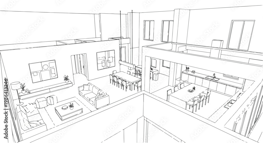 Fototapeta premium Interior architectural sketch of office layout