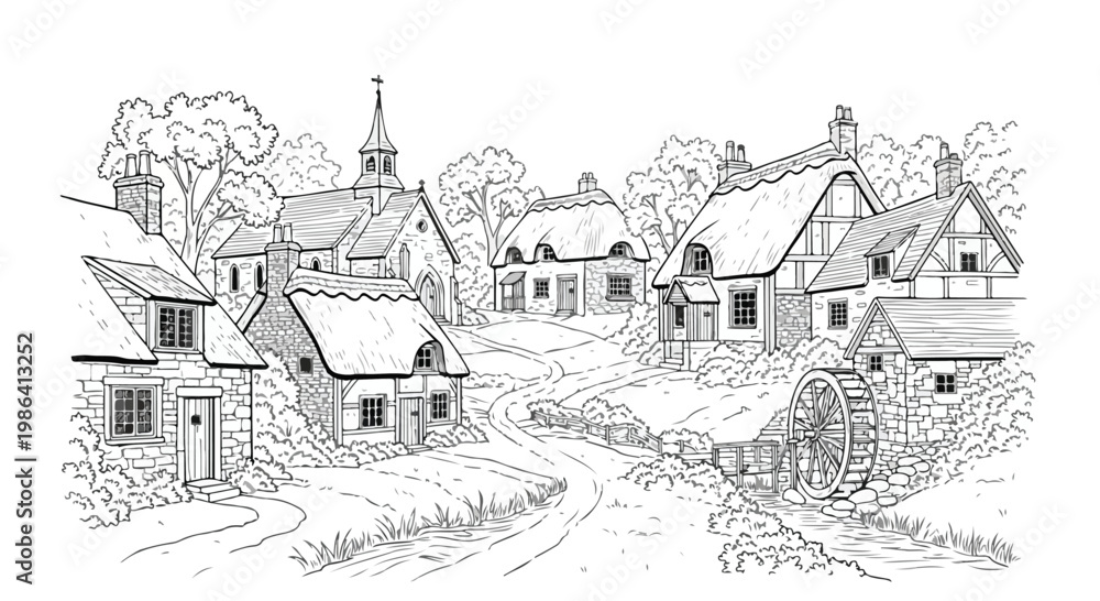 Naklejka premium Sketch of small village houses cluster