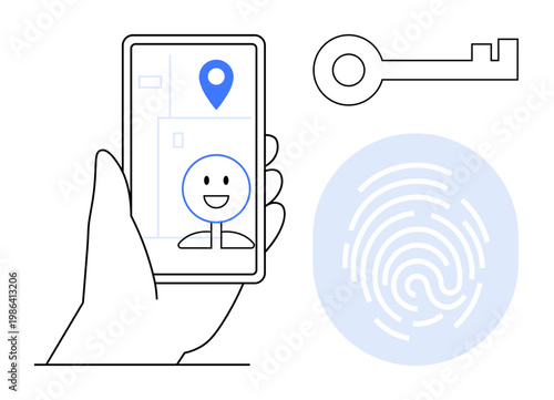 Identity verification, cybersecurity, biometric authentication, mobile security, digital access, modern technology. Hand holding phone, smiling face fingerprint key icon. Identity verification