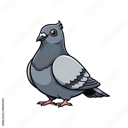 Cute Cartoon Pigeon Bird Standing Isolated White Background.