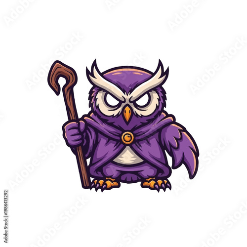 Cute cartoon purple owl wizard holding a wooden staff.