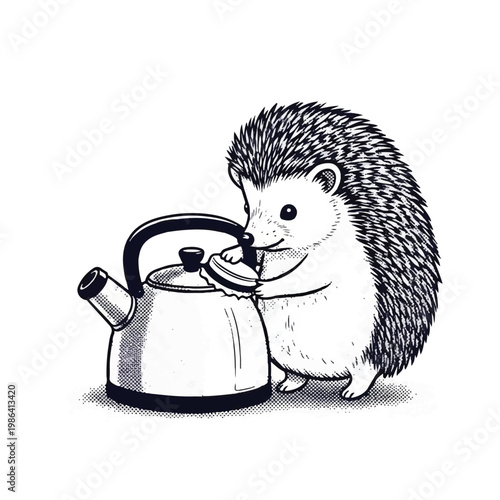 Cute hedgehog preparing tea with a kettle.