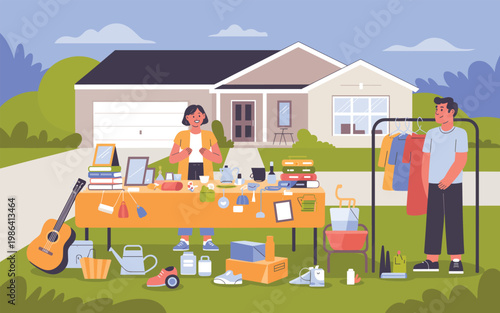 People gather outside a suburban house for a yard sale event with various items on display