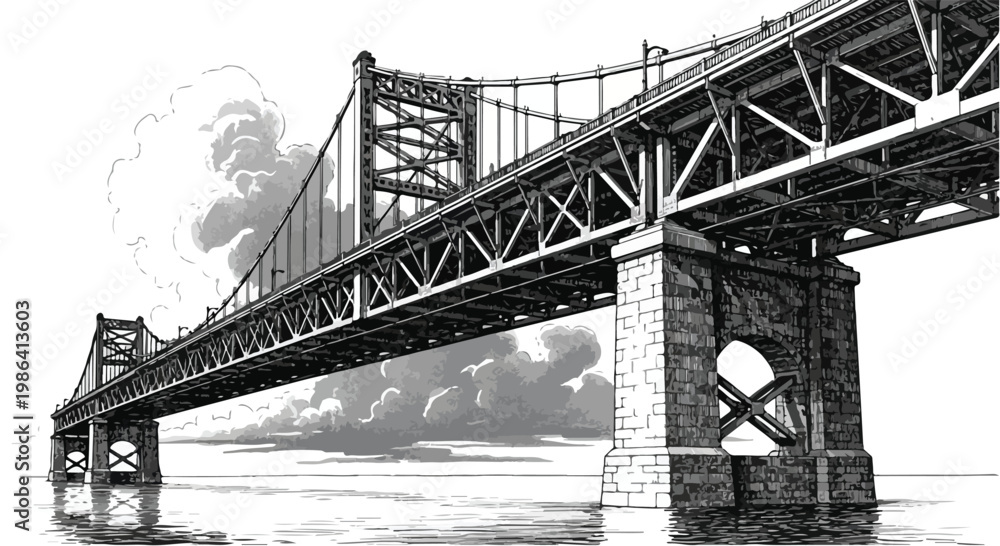 Fototapeta premium Perspective sketch of massive metal bridge