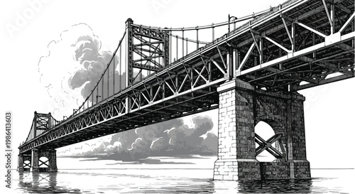 Perspective sketch of massive metal bridge