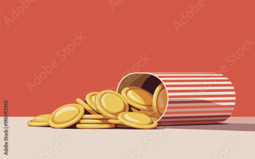 Coins spill out of a red and white striped container on a table
