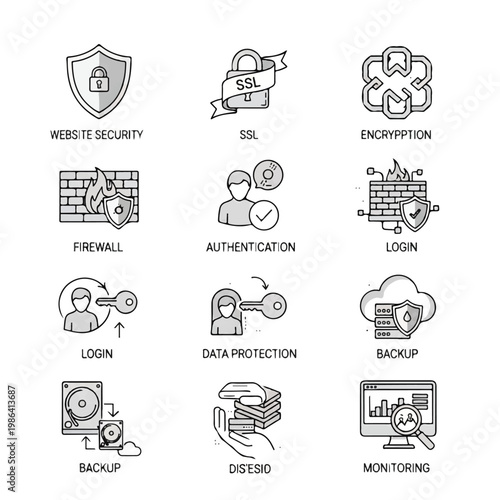 Cybersecurity Icons Representing Digital Protection and Data Safety.