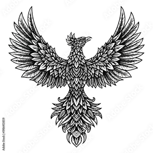Detailed Illustration of a Mythical Phoenix Bird.