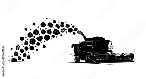 Black and White Combine Harvester in Field — Agricultural Machinery Silhouette