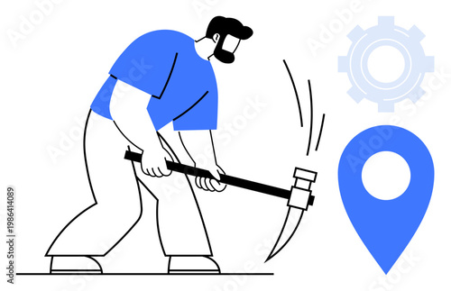 Labor, geolocation, industry, site excavation, digital tools, work processes. A worker using a pickaxe near a location pin and gear symbol. Labor and geolocation concepts illustrated