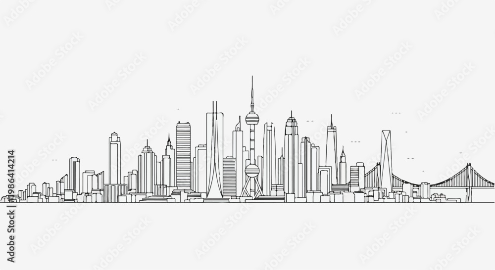 Fototapeta premium Minimalist city skyline with thin line