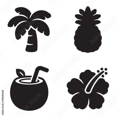 Cute Tropical Plants and Fruits Icon Set