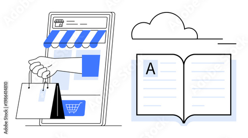 E-commerce, digital learning, cloud storage, knowledge sharing, online education, remote access. A hand holds shopping bags from a smartphone near an open book under a cloud. E-commerce and digital