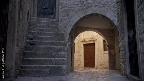 Quiet morning street scene in Trogir Croatia with sun partially illuminating building facade with wooden door, while foreground is still in darkness, with two pigeons on the staircase 