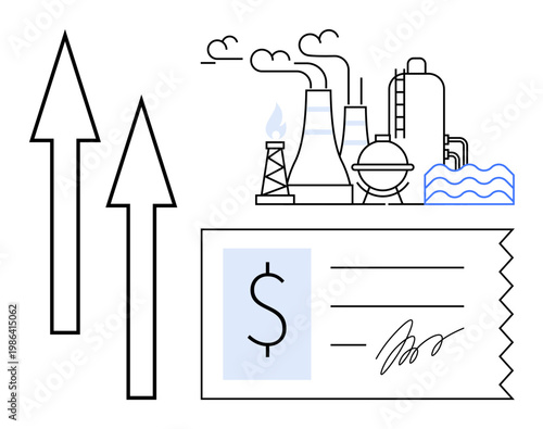 Economy, energy sector, cost increase, industrial growth, finance, sustainability. Industrial factory, arrows and receipt with dollar sign. Energy sector and cost increase