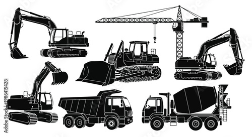 Silhouette group of construction vehicles black