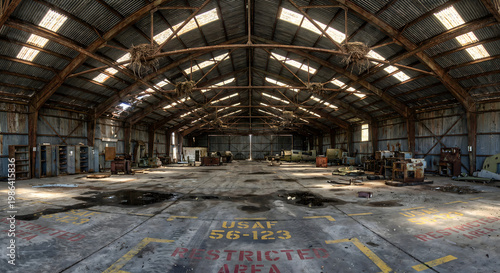 Interior view of a large, old, and somewhat abandoned industrial hangar with an arched roof, skylights, and faded floor markings including 'USAF Restricted Area'.