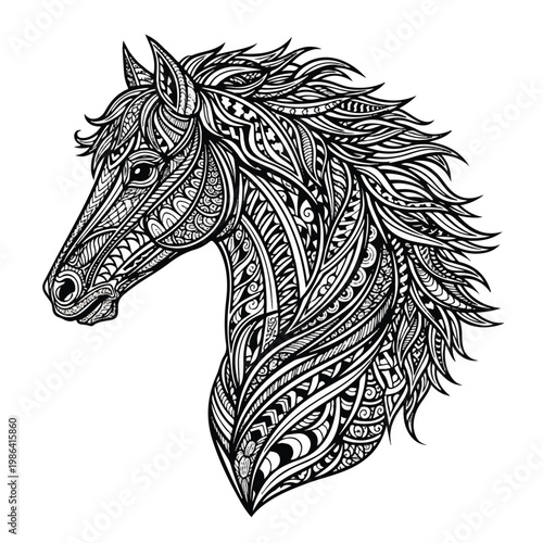 Intricate Zentangle Horse Head Illustration Black and White.