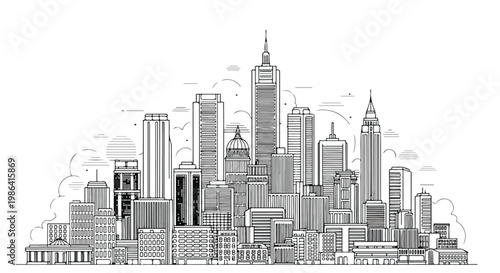 Detailed city skyline skyscraper cluster sketch