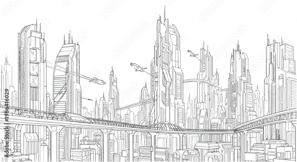 Fototapeta premium Futuristic city skyline sketch with skyscrapers