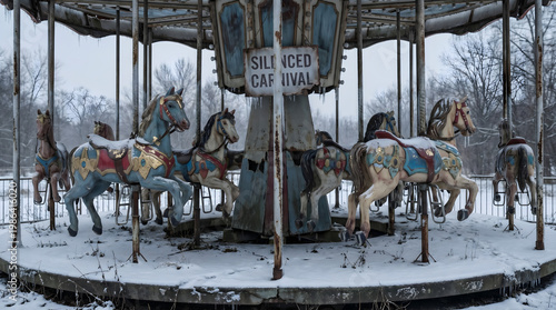 An abandoned, snow-covered carousel with faded horses and a 'SILENCED CARNIVAL' sign, standing desolate in a winter landscape.