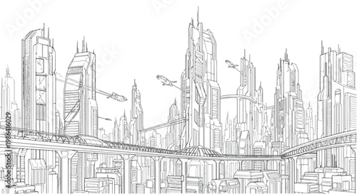 Futuristic city skyline sketch with skyscrapers