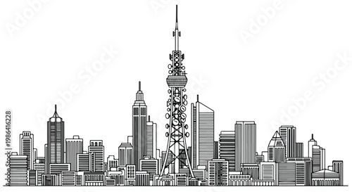 Modern city skyline with tall tower