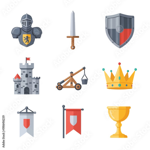 Medieval Fantasy Icons Set Featuring Knight Armor Castle Crown and Sword.